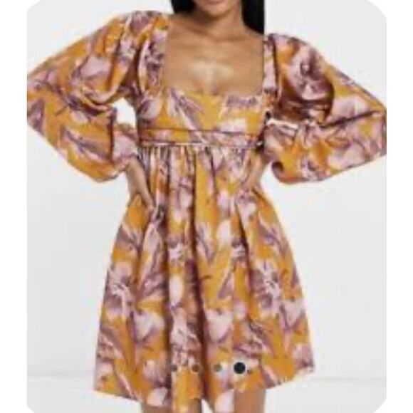 ASOS DESIGN square neck smock mini dress in a floral print-Size 8 - Picture 1 of 5